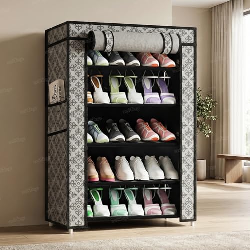 Image of Zest 4 Toyz 5 Shelf Shoe Rack for Home with Zip Door Cover & Side Pockets Shoe Stand Multipurpose Storage Rack for Footwear Toys Clothes with Dustproof Cover (Printed Design)