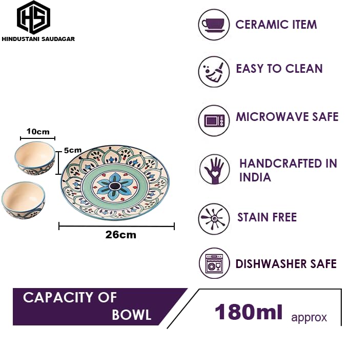 Image of HS HINDUSTANI SAUDAGAR Peacock Feather Motif Ceramic Plate and Bowl dinnerware Sets Plates for Dinner Pasta Breakfast & katori Dinner Set Ideal Dining Table Kitchen Design for Daily use and Gifting.