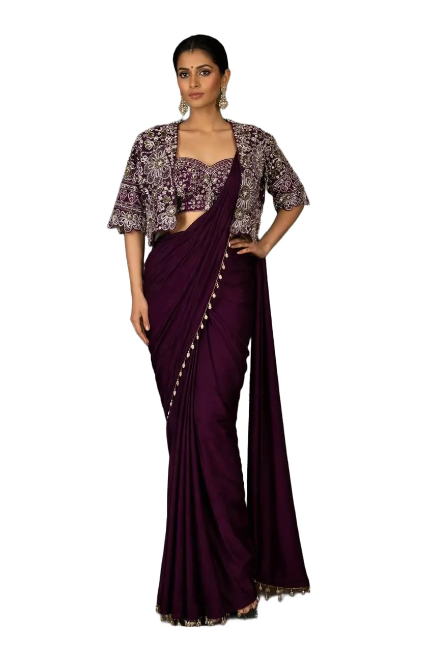 Women's Embroidered Ready to Wear Crepe Silk Saree with Jacket and Stitched Blouse Set-picture-33