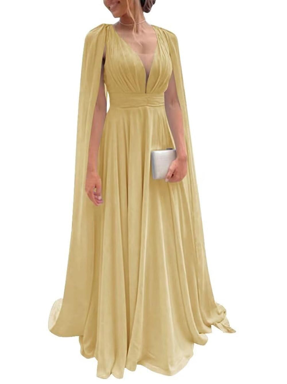 CRIEBDK Chiffon Bridesmaid Dress for Women Cape Sleeve V-Neck Formal Evening Gowns with Pocket LBC020