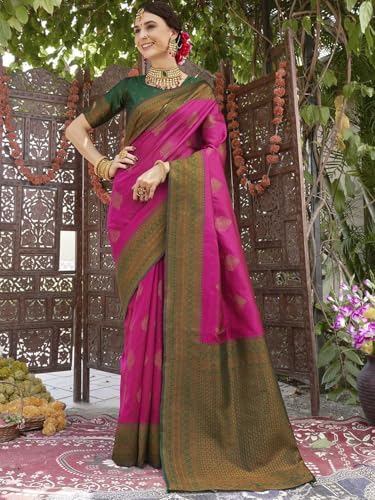Image of Women's Soft Art Silk Kanjivaram Saree and Unstitched Blouse Piece with Floral Rich Pallu and Jacquard Jari Work On All Over | South Indian Saree