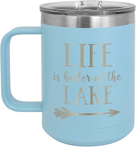 ONLYGIFTS.COM - Taza de café con tapa deslizante (13.0fl oz), diseño con texto en inglés "Life is better at the lage", Azul claro