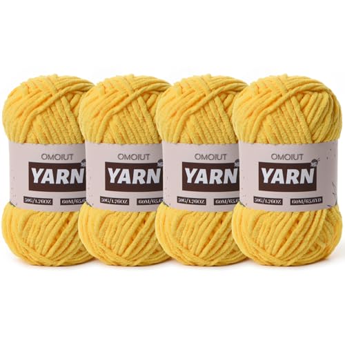 Image of 4 Packs Plush Chenille Chunky Crochet Yarn - Baby Yarn for Crocheting Soft - Velvet Yarns Knitting for Blankets Crafts - Fluffy Amigurumi Yarns 200g /262.5yds (4 Golden Yellow)