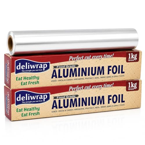 Image of Deliwrap Aluminum Silver Foil - 1Kg | 18 Micron Thickness Food Grade Safe Food Wrapping Aluminum Foil | Lunch Packing for Home, School, Office & Hotels | Kitchen Paper Roll | Pack of-2