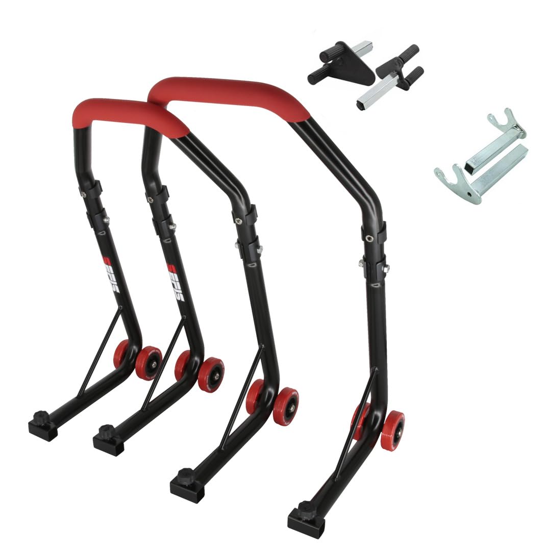 SEFIS D18 Motorradständer Set Vorder- und Hinterrad Motorradheber Serviceständer Front und Heck Motorrad montageständer ständer (Rot, V-Aufnahme/Racing (Haken))