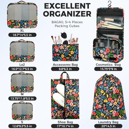 Image of BAGAIL 9 Set Packing Cubes with Packing List Luggage Packing Organizers for Travel Accessories (Black floral)