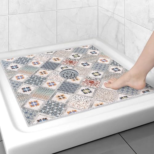 Image of Square Shower Mat Non Slip: 27x27 Inch Extra Large Shower Floor Mat with Drain Hole in Middle - Soft PVC Loofah Bath Mat for Shower - Anti Slip Shower Stall Mat for Elderly and Kids