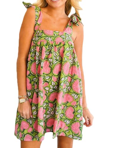 Image of Women Floral Tie Shoulder Mini Dress Cute Square Neck Loose Fit Beach Short Dress Backless Boho Vocation Sundress