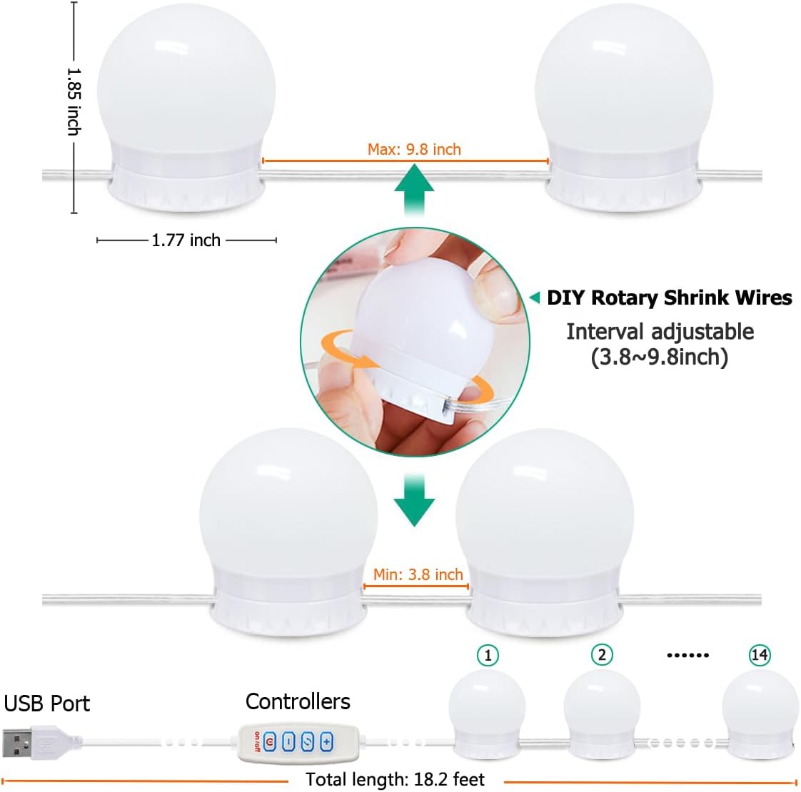 LED Vanity Lights - Adjustable Color Temp & Brightness,14 Dimmable Bulbs for Dressing Mirror Lighting