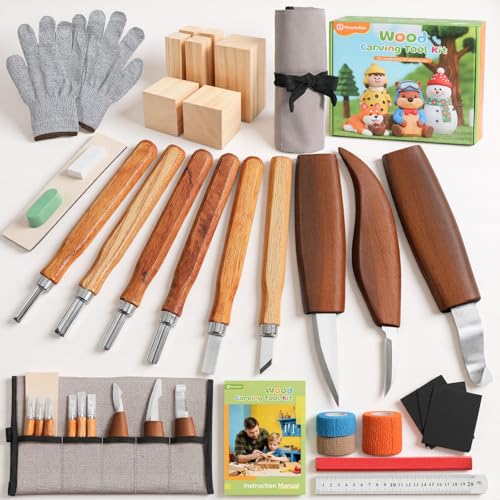 Housolution Holzschnitzerei Kit mit Tragetasche, 29PCS Holzschnitzerei Werkzeuge Whittling Kit enthält Schnitzmesser Carving Meißel Basswood Blöcke Handschuhe, Holzbearbeitung Werkzeuge für DIY Hobbys