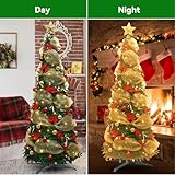 1.2M/1.5M Pop Up Christmas Tree with Lights, Pre Lit Collapsible Christmas Tree with Gold Ribbon, Star Topper, Bows, Artificial xmas Tree Decoration for Home, Office, Party Decor (1.5M) - Image 3