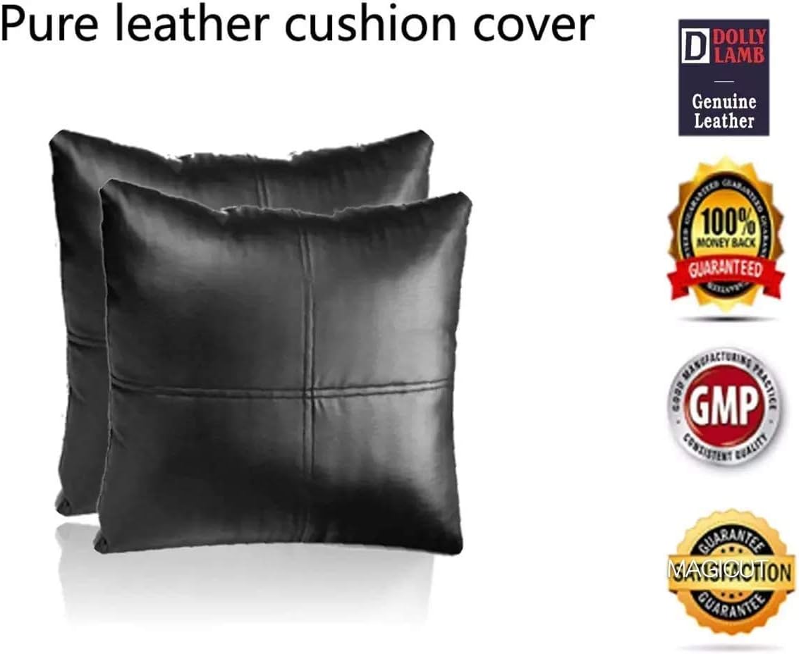 D DOLLY LAMB Lambskin Leather Pillow Cover - Sofa Cushion Case - Decorative Throw Covers for Living Room & Bedroom, 22x22 Inches - Light Black Pack of 2