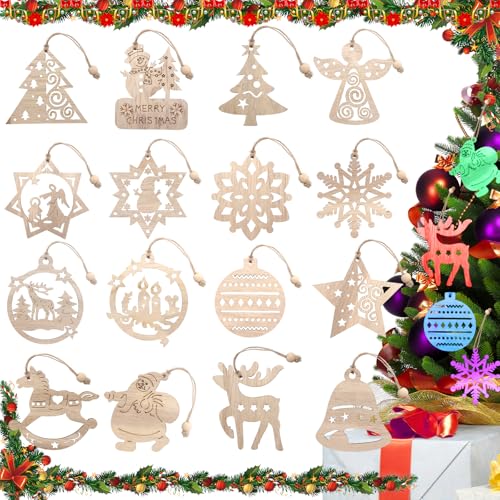 IKKAB 16 colgantes de árbol de Navidad, decoración navideña, decoración navideña, copos de nieve, colgantes de madera, para decoración de Navidad, muñeco de nieve, alce, ángel, decoración para árbol