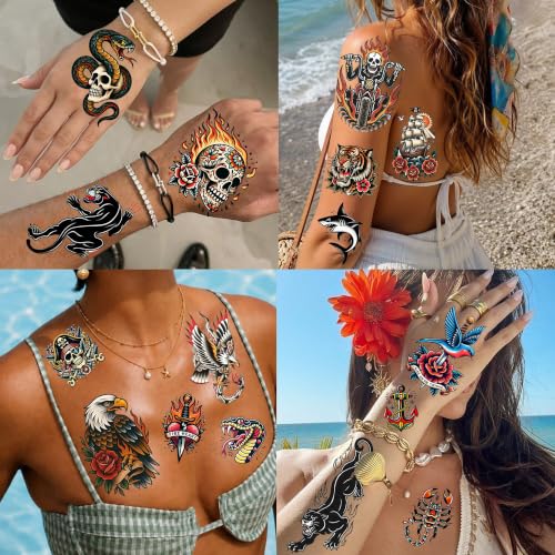 Image of 40+ PCS 6 Sheets Classic Retro American Traditional Temporary Tattoos Old School Tattoo Sticker, Realistic Vintage Pirate Skull Fake Tattoos For Men Women Teens Adults USA Rock Tattoo Party Decoration