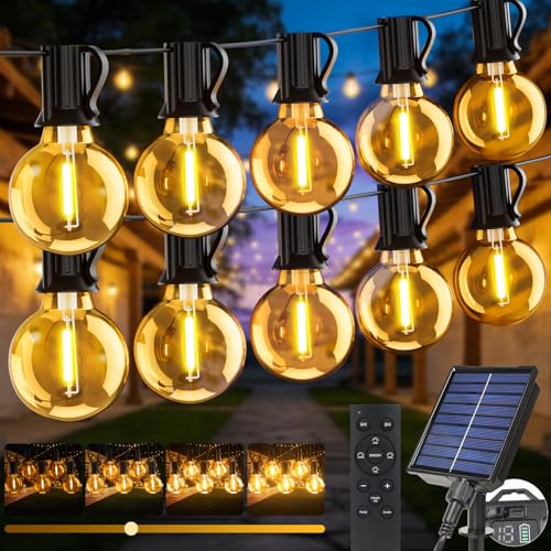 Solar String Lights Outdoor Garden, 15M/50FT USB & Solar Powered Dimmable Festoon Lights with Remote, Timer, IP65 Waterproof LED G40 Bulbs, Outside Light for Patio Pergola Gazebo Fence Party Decor