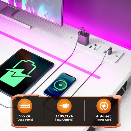 Image of DurayLoly 56 Inch White Computer Desk with Printer Shelf, Power Outlet & LED Lights, Reversible Office Desk with Drawers & Hooks for Headphone, Bags for Bedroom,Dorm,Teens Study Room,White