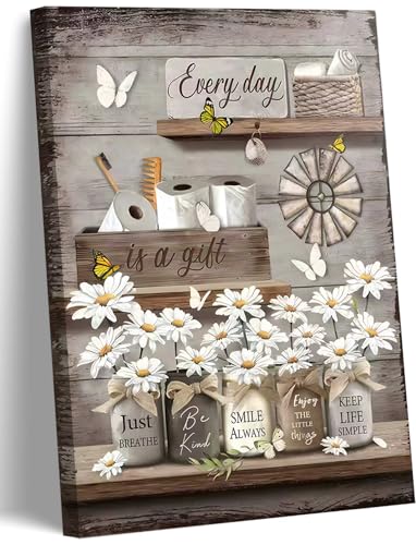 Farmhouse Bathroom Canvas Wall Art Rustic Bathroom Poster Prints.Vintage Country Daisy Butterfly Painting Retro Inspirational Quotes Picture Home Wall Decor 12x16in Framed
