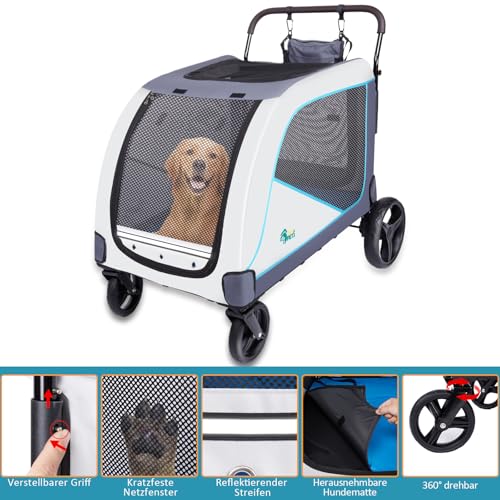 Ownpets Extra großer Hundebuggy für mittelgroße und große Hunde bis 70kg, mit Aufbewahrungstasche, verstellbarem Griff, atmungsaktives Netz, faltbar, 4 Gummi-Räder