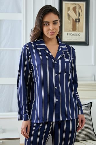 Image of YiNi LuLu Womens Silk Satin Pajamas Set Button Down 2 Piece Pjs Long Sleeve Oversized Sleepwear with Pockets