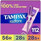 Tampax Radiant Tampons Multipack, with LeakGuard Braid, Regular/Super/Super Plus Absorbency, Unscented, 112 Count (4 Packs of 28)
