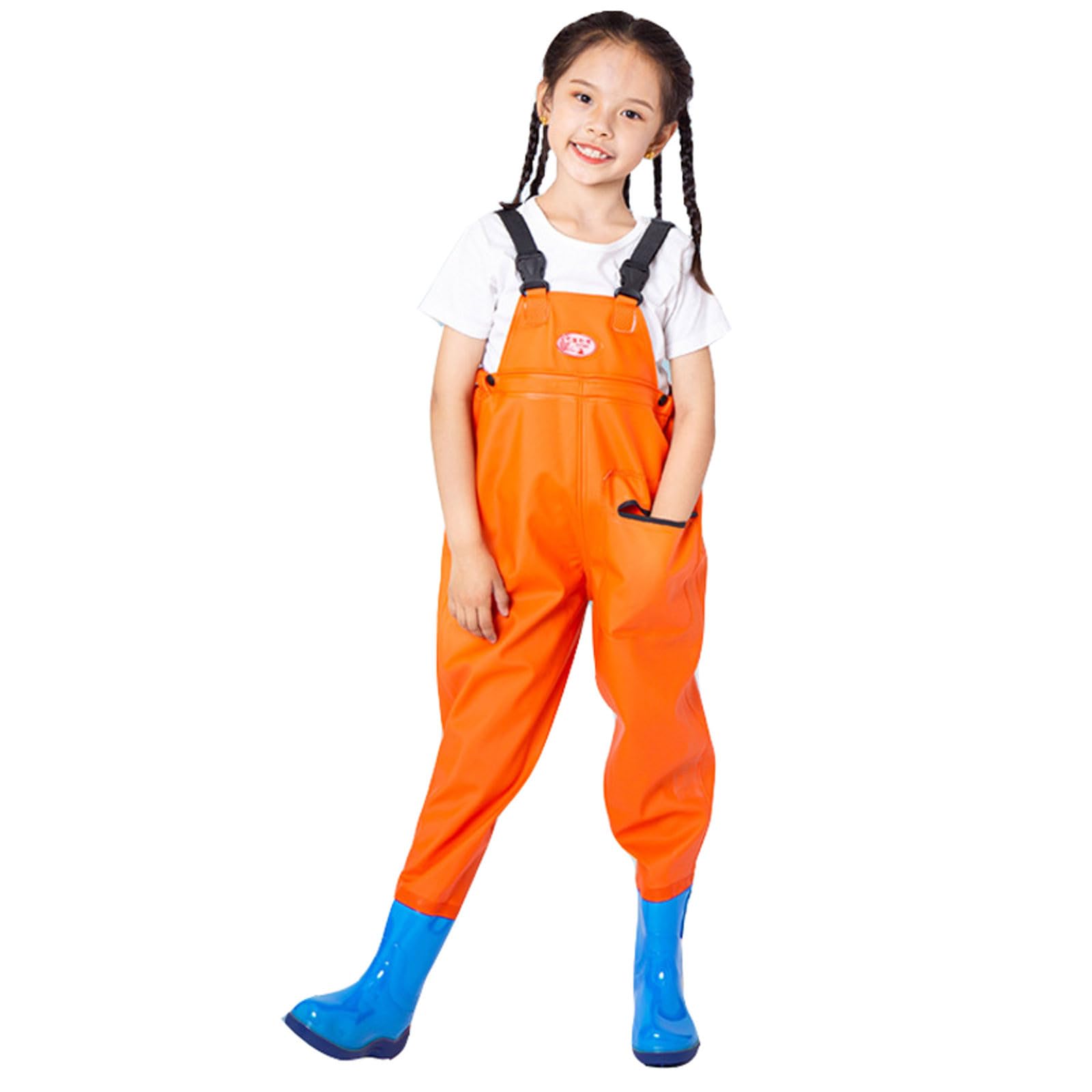 Fishing Waders for Kids Boys Girls Chest Waders Youth Fishing Wader with Pocket for Toddler Children Water Proof Wader with Boots (I1-Orange, 14-15 Years) — image 1