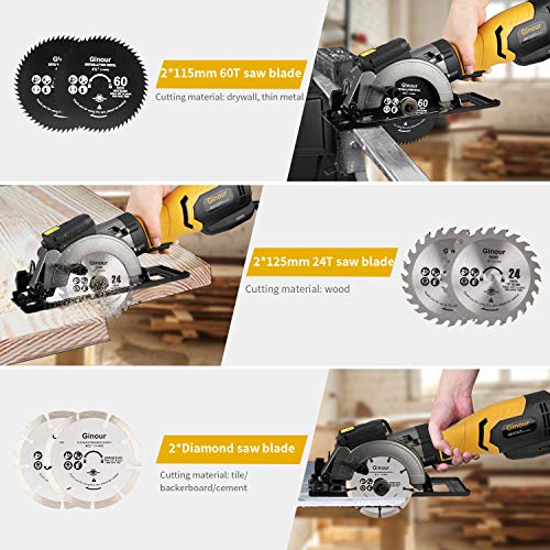 Circular Saw, Ginour 6.2A Mini Circular Saw with Laser Guide, 6 Blades(2 pcs 5\" & 4 pcs 4-1/2”), Max Cutting Depth 1-7/8\'\'(90°), 1-5/16\'\'(45°), Ideal for Wood, Tile, Backerboard, Cement, Drywall