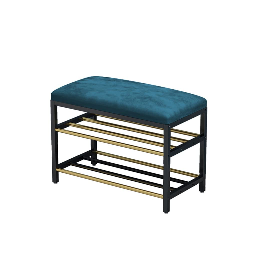 Étagère à chaussures en métal bleu à 2 niveaux avec banc de rangement intégré