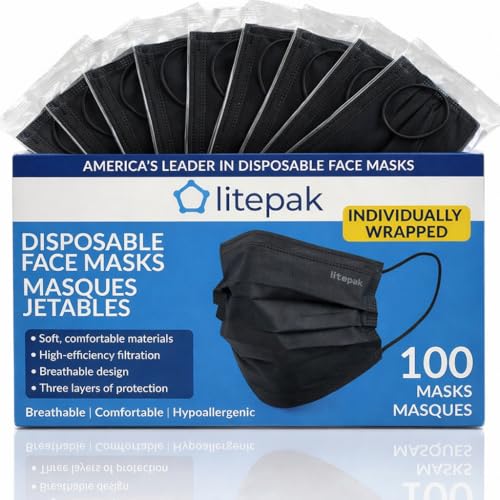 100pcs Premium Individually Wrapped Disposable Face Mask Black Premium Comfort Earloops Nose Wire(Black)