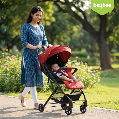 Image of Baybee Foldable Baby Stroller Pram for Baby Boy Girl 0 to 3 Years with Metal Frame, 3-Position Adjustable Seat & Canopy, Bassinet, Parent Handle, 5 Point Safety Belt, Stroller for Kids Toddler (Red)