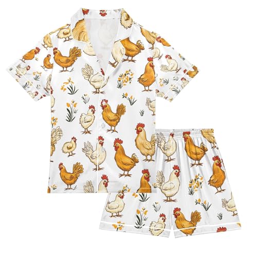 senya Rooster Hen Chicken P Satin Summer Pajama Sets Silk Short Sleeve Button Down Sleepwear