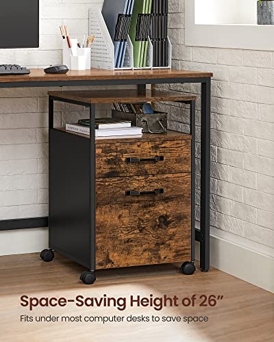 Image of VASAGLE Rolling File Cabinet, Mobile Office Cabinet on Wheels, with 2 Drawers, Open Shelf, for A4, Letter Size, Hanging File Folders, Industrial Style, Rustic Brown and Black UOFC71X