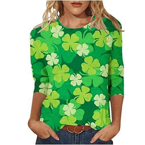 TRIGLICOLEUM Camiseta para mujer de San Patricio con mangas 3/4, con cuello en O, retro, impresión de trébol, camiseta de manga larga irlandesa, básica, tops transpirables Cover