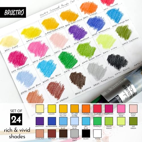 Image of BRUSTRO Studio Colour Pencil Set 24 in a Metal Tube | Break Resistant 3mm Lead,Easy to Blend,High Pigmented,Vibrant Colours,Non-Toxic,Pre-Sharpened | Sketching, Drawing, Portrait,students,kids