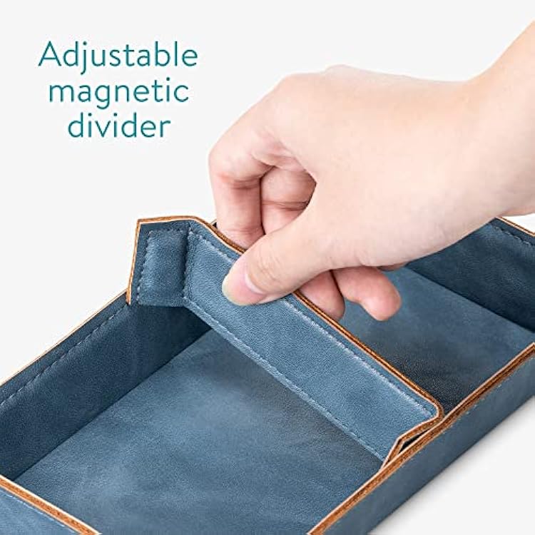 Navaris Faux Leather Tray Set - 2 Valet Organizer Trays for Bedside Table Desk with Dividers- Store Keys, Change, Wallet, Phone, Glasses - Blue