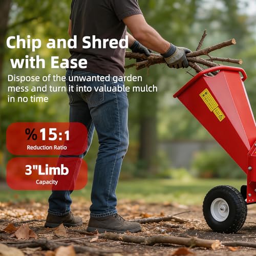Wood Chipper Shredder Mulcher, 7 HP 212CC Gas-Powered Heavy Duty Garden Chipper, 3-Blade Disc Cutter, 15:1 Reduction Ratio for Branches Twigs, Ideal for Orchard Yard Farm Courtyard - Image 3
