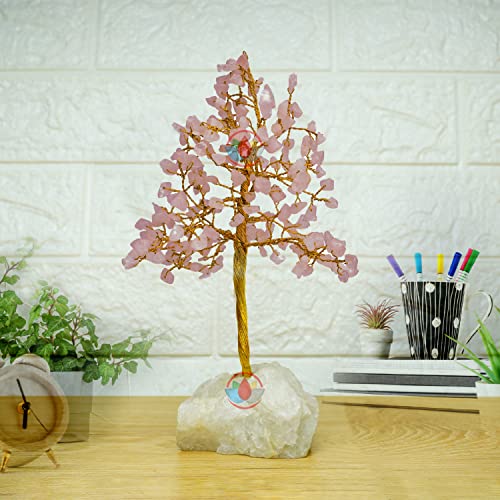 Image of REMEDYWALA Charged Energized Rose Quartz Crystal Tree with Stone Base for Reiki Healing Stone Tree 200 Beads