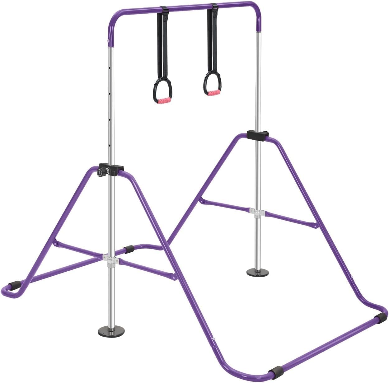 Foldable Gymnastics Bar for Kids - Adjustable Height Horizontal Kip Bar with Rings, Stable Steel Frame Gymnastics Equipment for Home Training, Indoor Kids Gym Playset(With Rings, Purple)