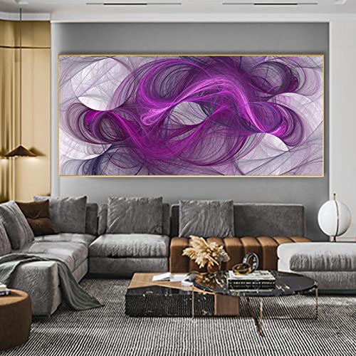 Tableau moderne violet abstrait avec cadre intérieur bois 80x165cm