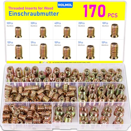 HOLMOL 170 Stück Einschraubmutter Gewindeeinsatz Holz 9 Größen Einschraubmuttern M4 M5 M6 M8 Verzinkter Kohlenstoffstahl Hex Innensechskantmuttern Einschraubmuffen für Holzmöbel