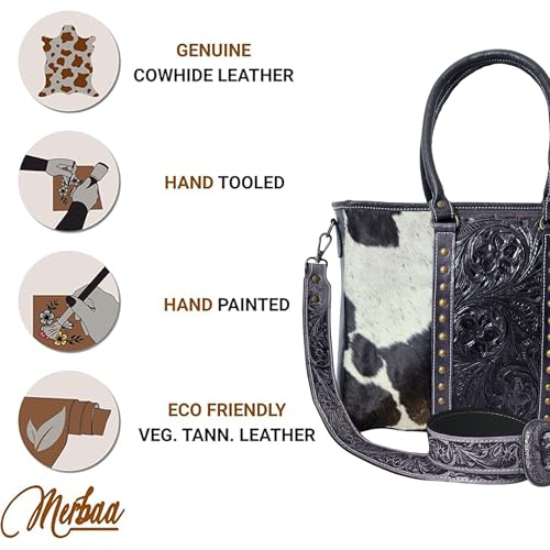 Image of Merbaa Western Cowhide Hairon Leather Tote Bag for Women With Adjustable Tooled Shoulder Strap Leather Purse