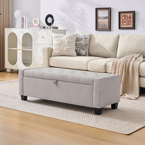 Image of Huatean Home 43 inch Ottoman with Storage, Storage Ottoman Bench with Safety Hinge, Upholstered Entryway Bench with Seating for Bedroom, Living Room, Holds up to 330 lb(Light Gray)