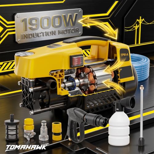 Image of Tomahawk TPW-A Induction Motor Pressure Washer - 130 Bar High Pressure, 1900W Deep Cleaning Power | 1-Line Compact Washer with 8m Hose, Pressure Gauge & Foam Bottle for Car, Bike & Home