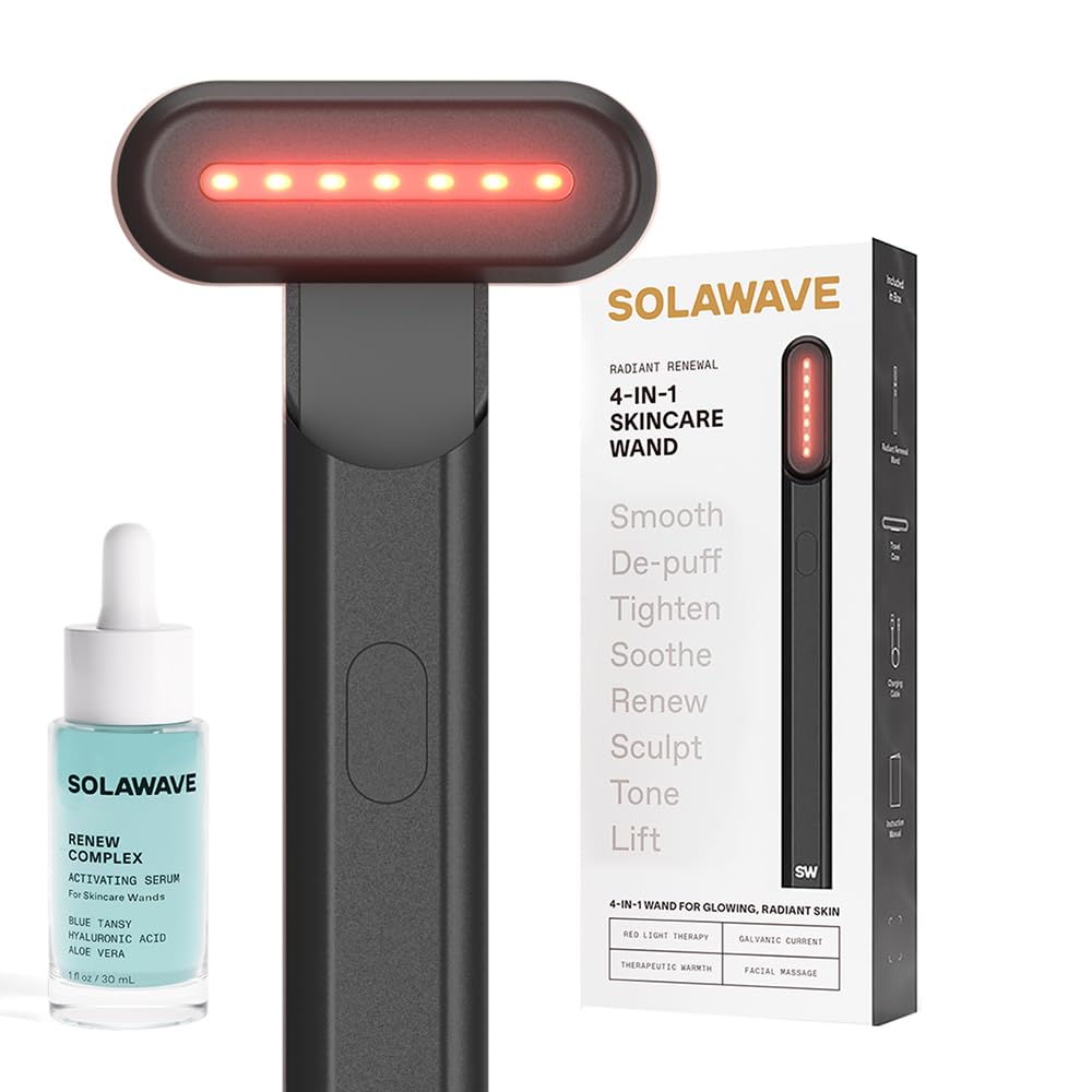 4-in-1 Radiant Renewal Red Light Therapy Wand & Renew Complex Activation Serum | Beauty Device for Face & Neck | Serum Boosts Anti-Aging Effects, Reduces Wrinkles, Dark Circles & Puffiness