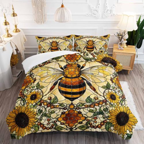 Image of AILONEN Full Comforter Set 3 Piece, Honey Bee Sunflower 3D Printed Bedding with 2 Pillowcases, Soft Breathable Microfiber Farmhouse Decor for Guest Room