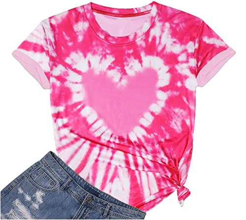 Tie Dye Heart Graphic T Shirt Women Valentines Shirt Funny Loving Heart Pattern Short Sleeve Tops Light Pink