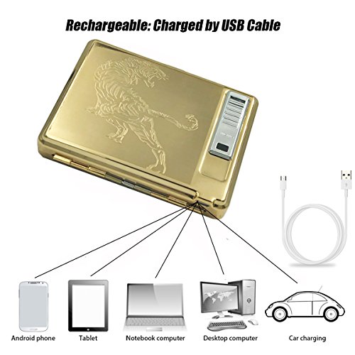 Moonwbak Cigarette Case Lighter, Metal Full Pack 20 Regular Cigarettes Box Holder USB Rechargeable Cigar Lighter Flameless Windproof with USB Cable Best for Birthday Gifts (Tiger)