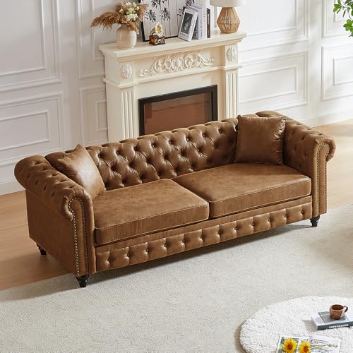 Image of Mid Century Modern Couch, 85.5 inchW Faux Leather Button Tufted Oversized Loveseat Sofa with Nailhead Trim & Roll Armrests, Deep Seat Comfy Chesterfield Sofa for Living Room, Office(3 Seater, Brown)