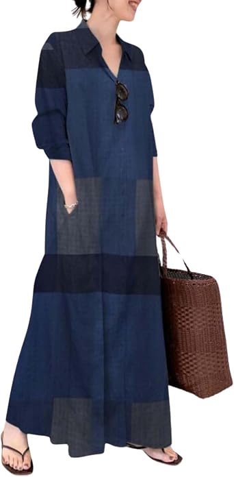 LOAIHA Womens Cotton Floral Print Dress Summer Long Sleeve Solid Color Button Down V Neck Boho Vacation Sundress Loose Flowy Pleated Shirt Dress Plus Size