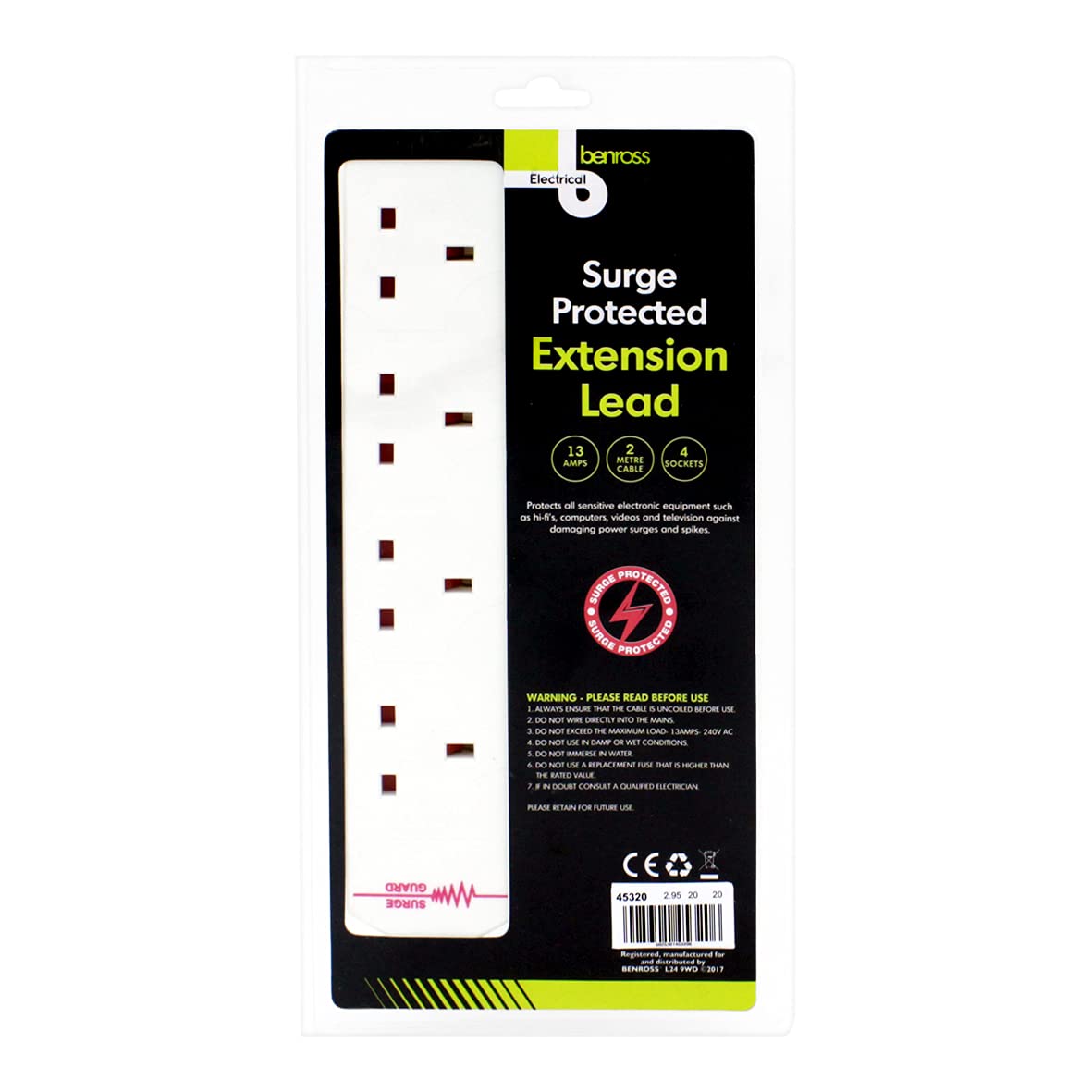 Benross 45320 4-Way Extension Cable / 2 Metre Extension Lead/Surge Protection/Ideal for Home, Office or Garden / 4 UK Plug Sockets / 240V AC, 13 Amps/White Colour Cable