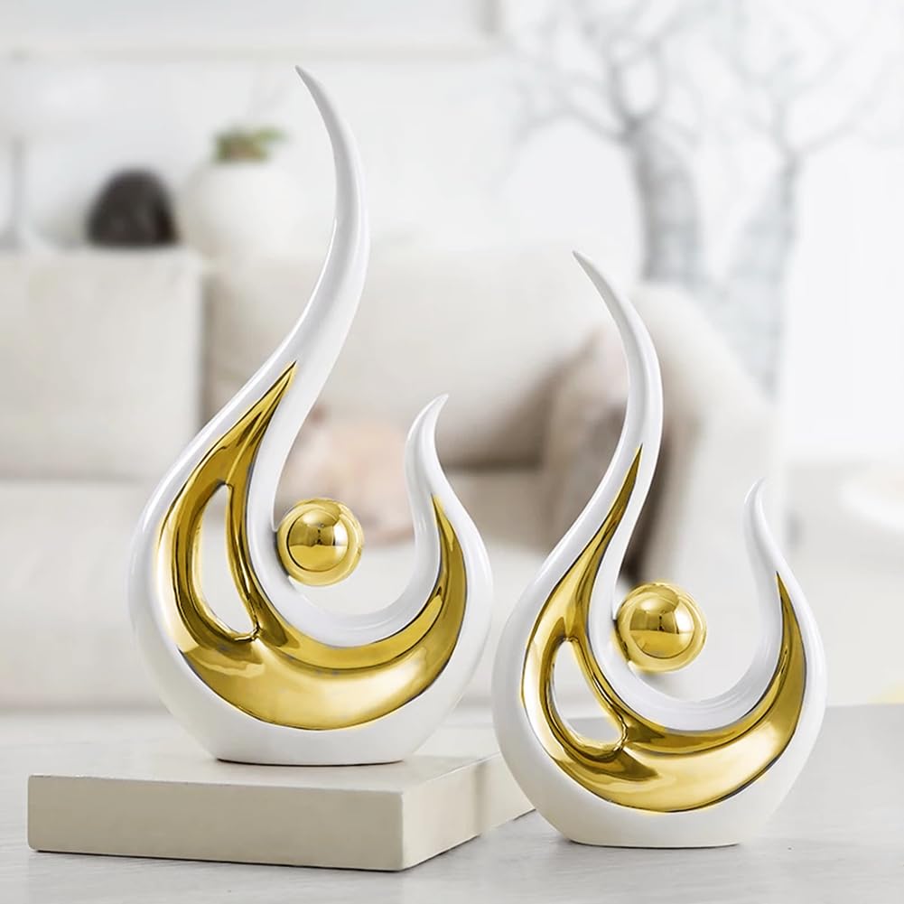 JXCBXJ Estatua de Cerámica, 2 Piezas Escultura Modernos, Estatua de cerámica de Arte Abstracto Moderno, para Comedor, Sala de Estar, Oficina, Soporte de TV, Centro de Mesa (Oro Blanco)